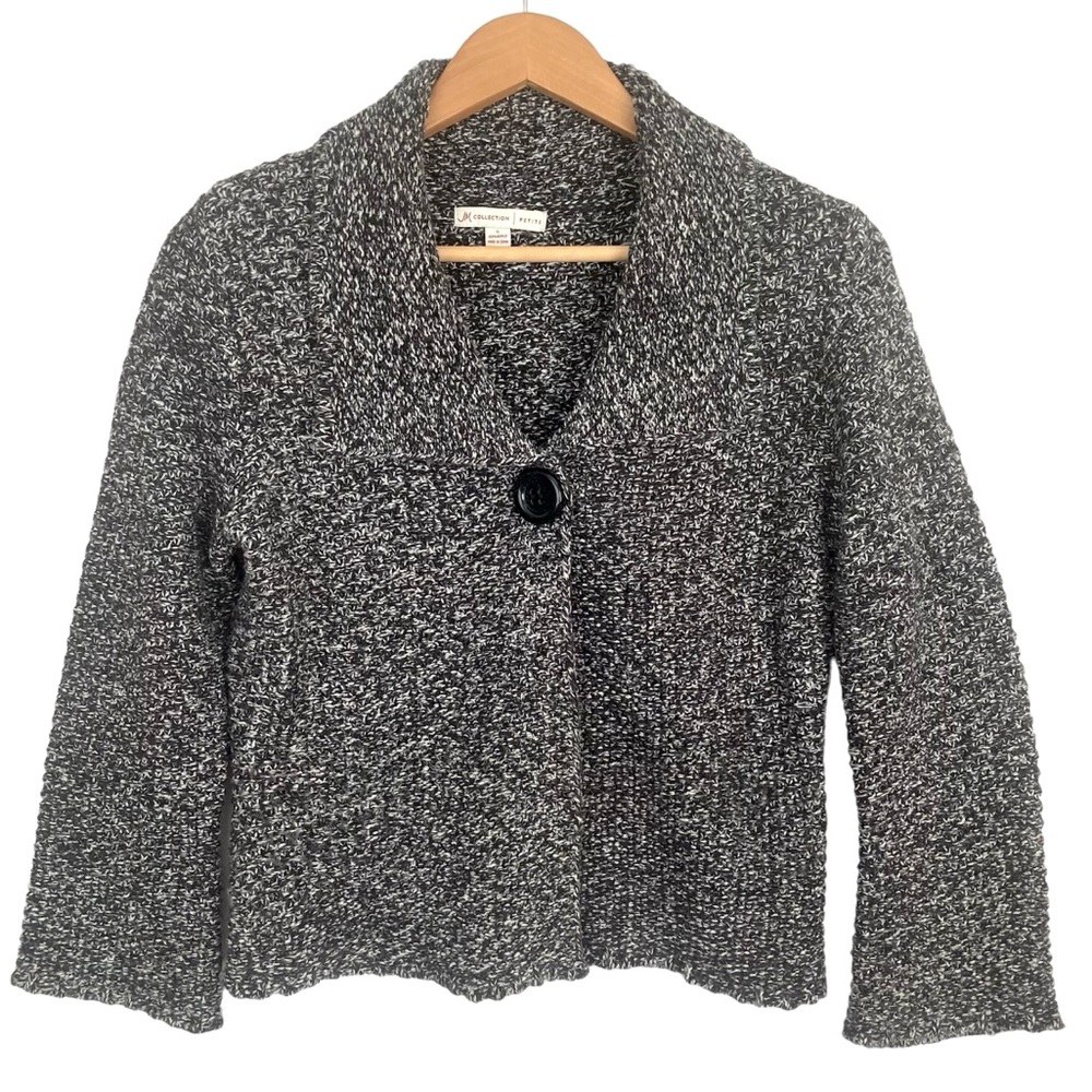 JM Collection Women's Collared One Button Sweater Cardigan Black White Marled